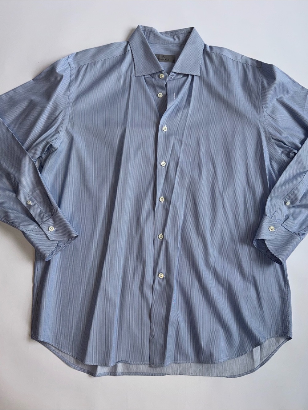 Canali 1934 Men’s 17.5 44 Blue White Stripe 100% Cotton Dress Shirt Italy